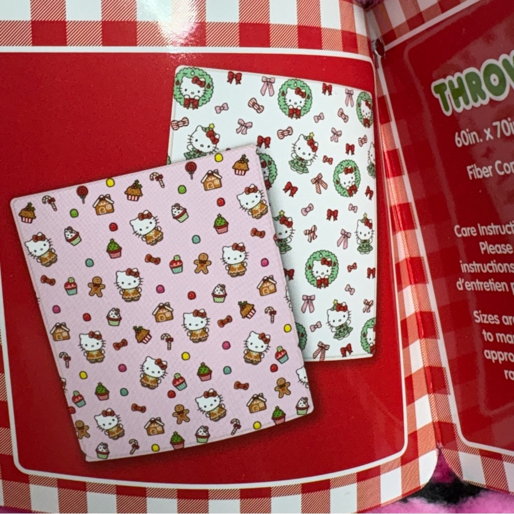 2 Viral Hello Kitty Oversized Christmas Throw Blankets-Pink Gingerbread & Wreath - Picture 3 of 11